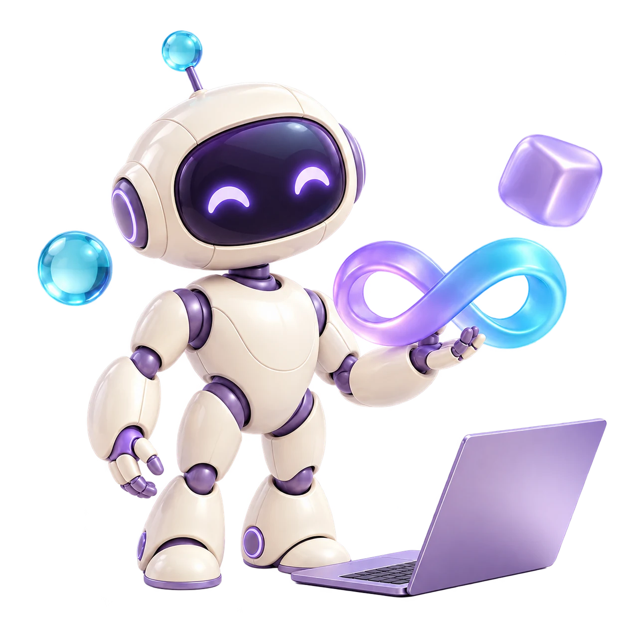 Original ivory robot mascot holding a purple and cyan infinity ribbon beside a laptop